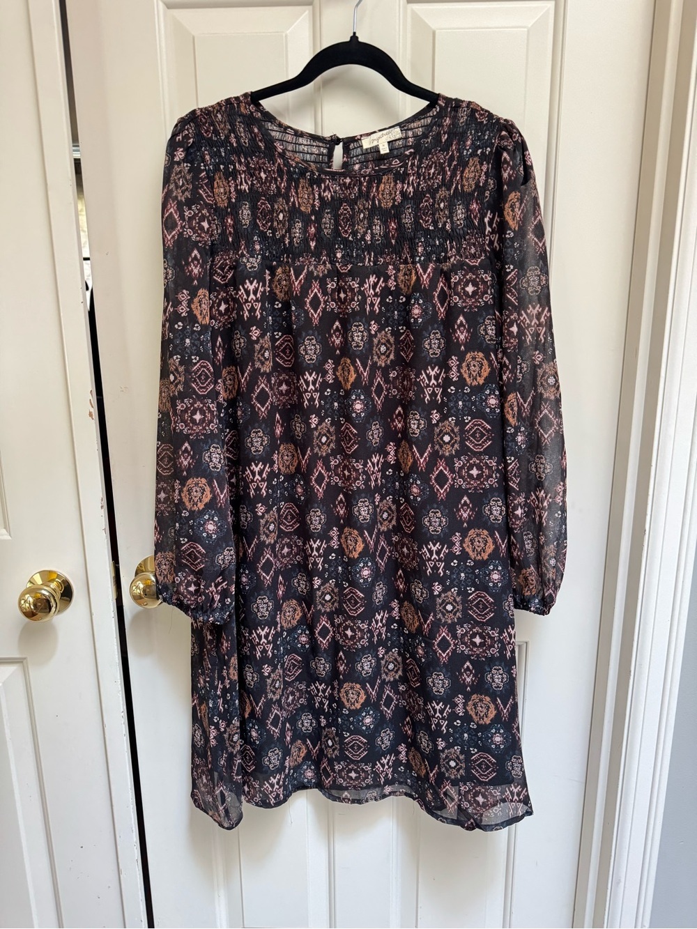 Mystree Black Long-Sleeve Patterned Tunic Dress Smocked Top